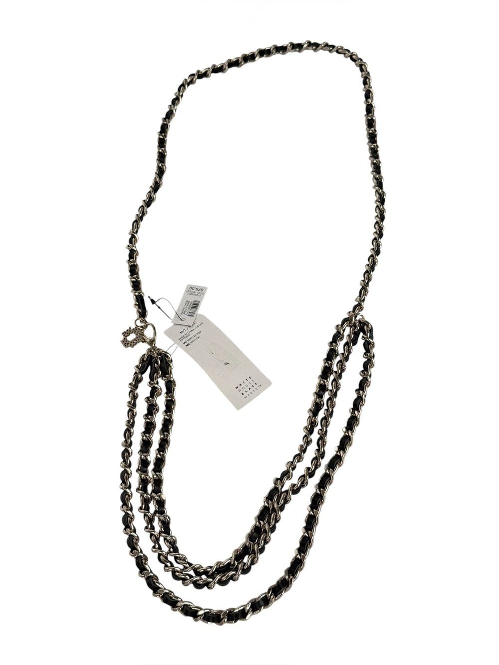 White House Black Market multi strand Black Leather silver chain link necklace